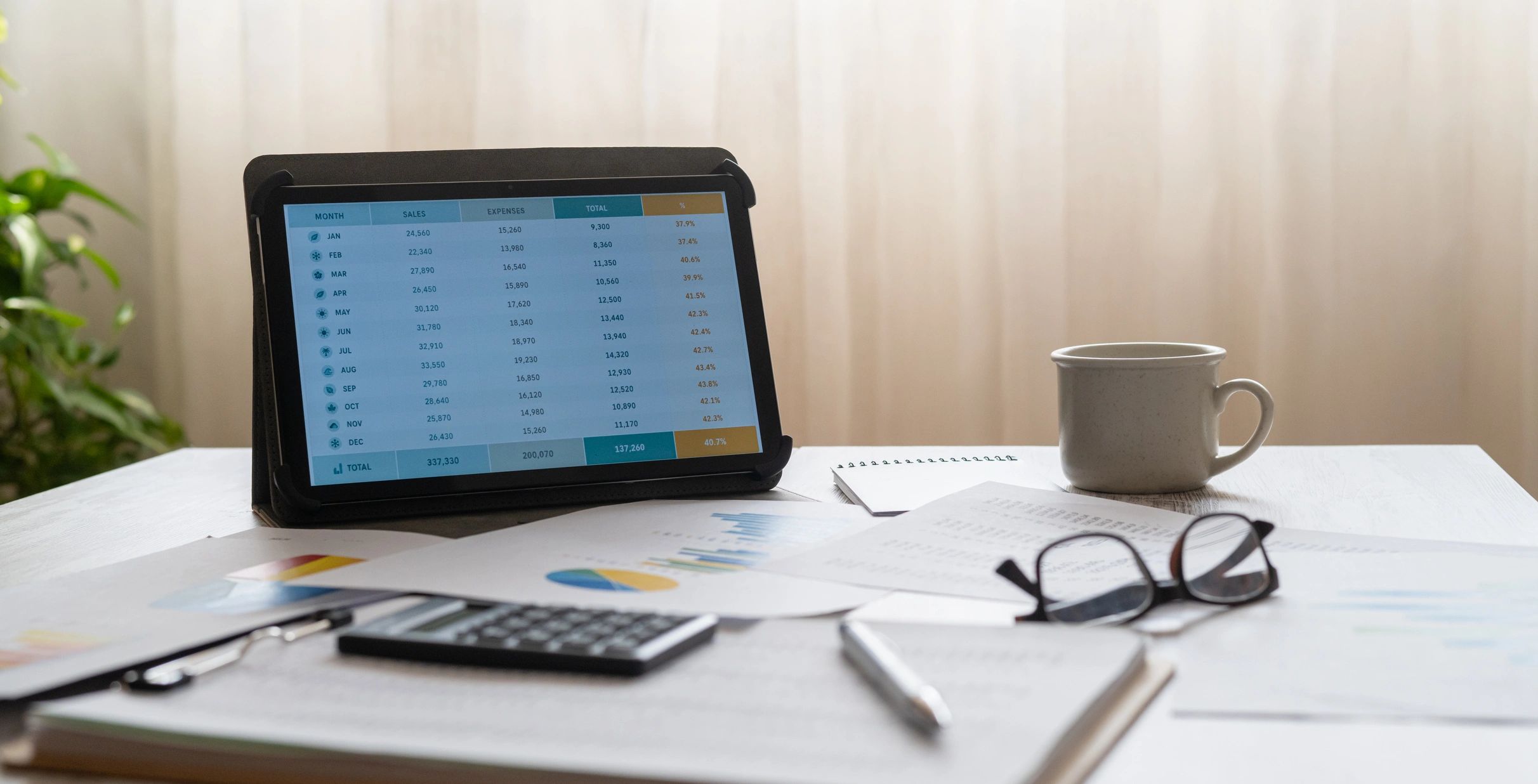 Business planning documents and financial reports on a desk